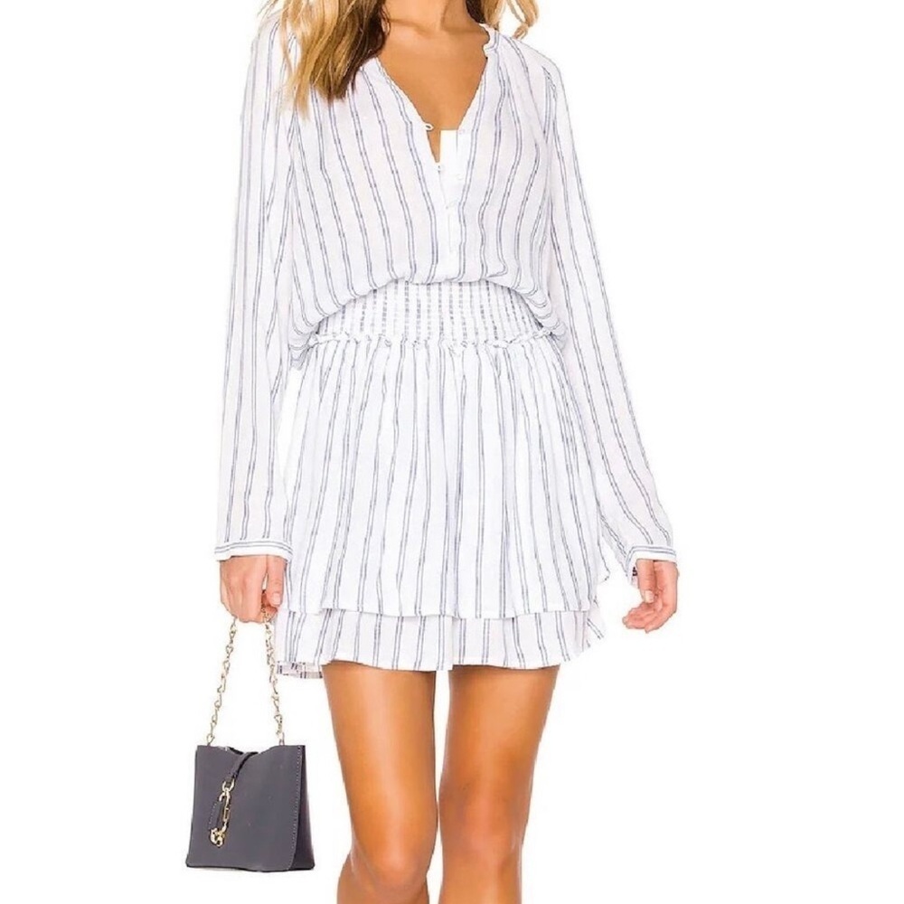 NWT RAILS Jasmine Linen Blend MED Tee Dress Marine Stripe Metallic Tiered Skirt